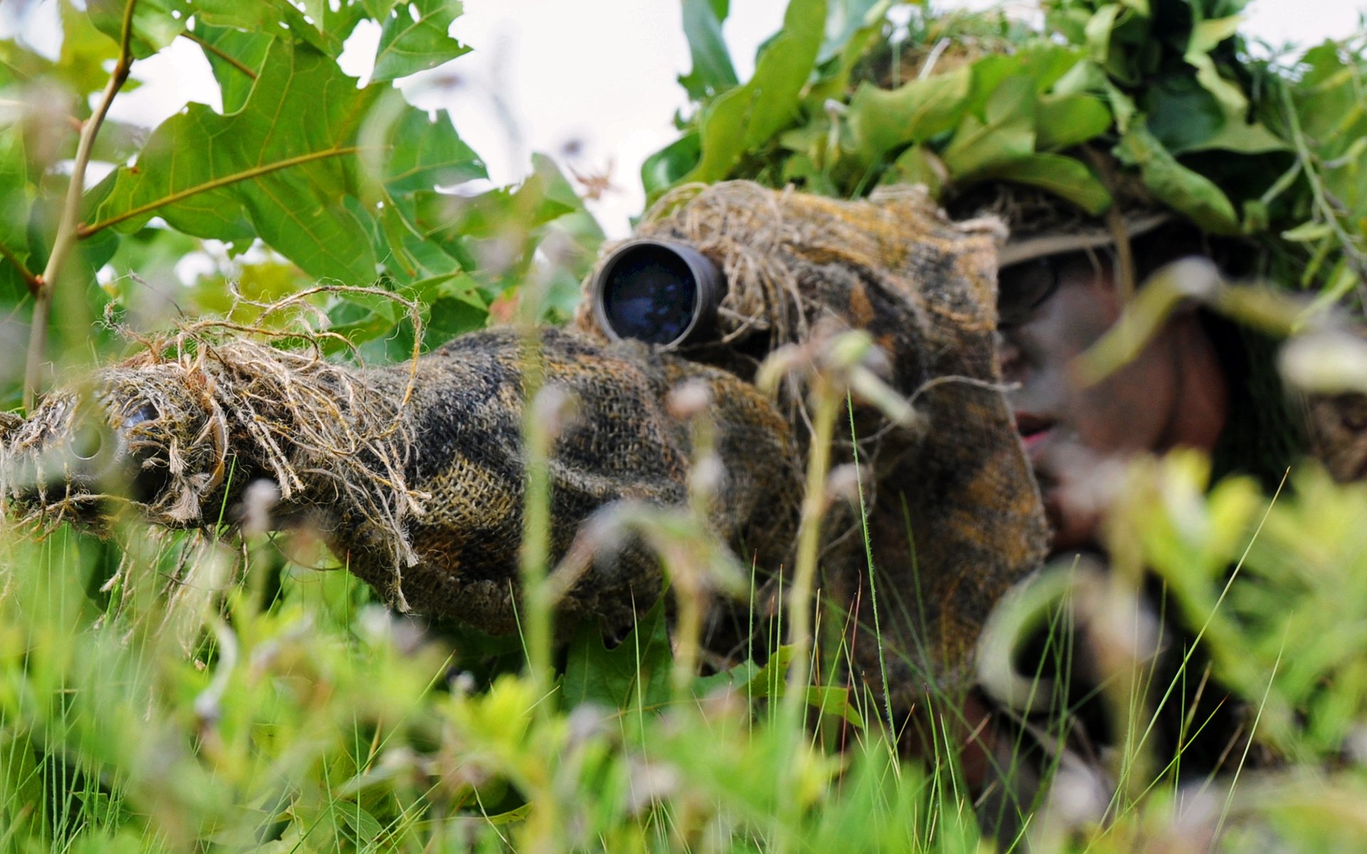 sniper embuscade fusil vue déguisement herbe