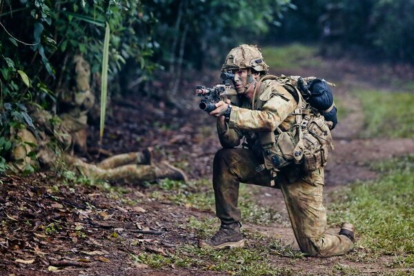 Forest, road and soldier with weapons