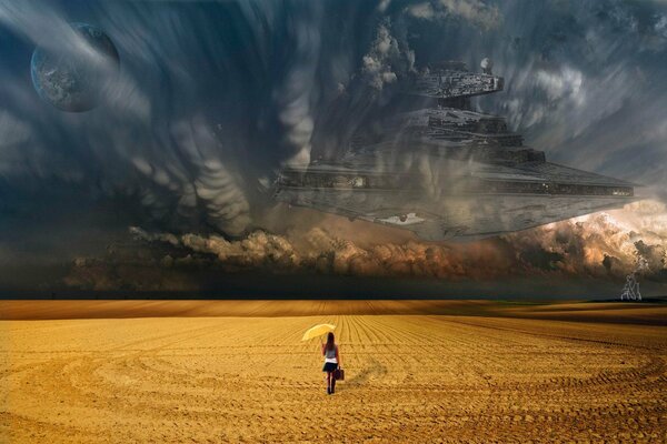 A girl walks across the field towards a starship