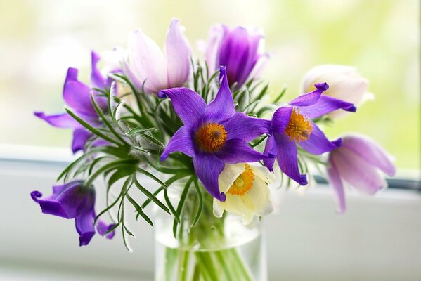 Ein Strauß lila Blumen in einer Vase