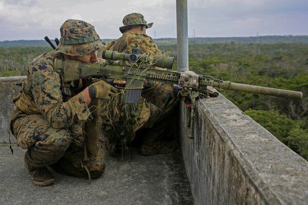 Snipers with rifles on the roof of the house