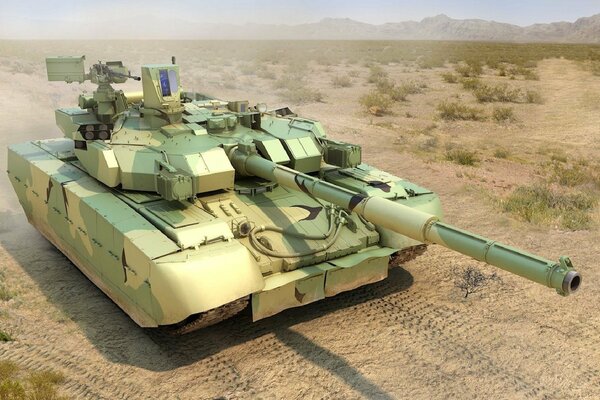 Ukrainian battle tank in the dust
