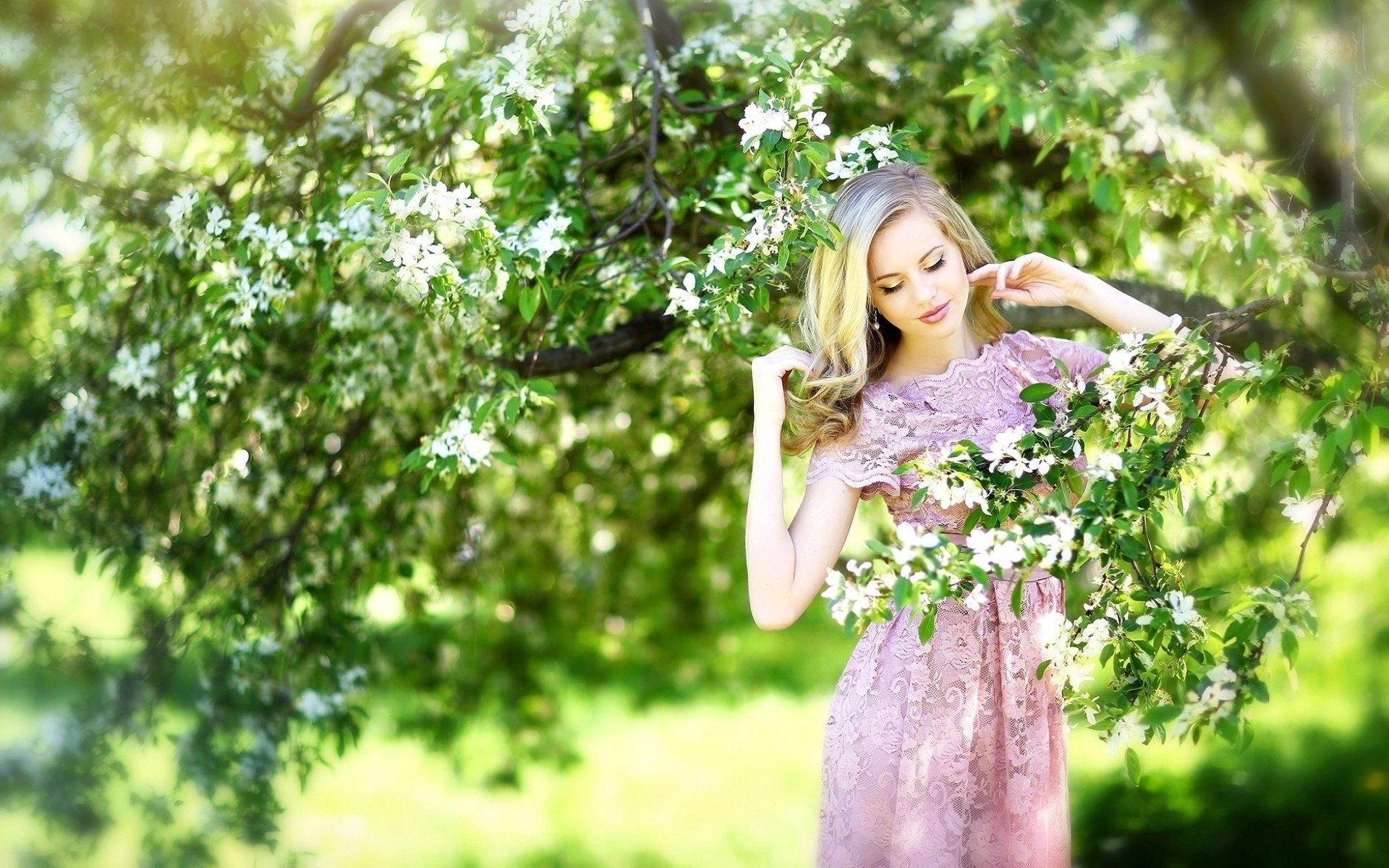 flowers woman bokeh face trees spring