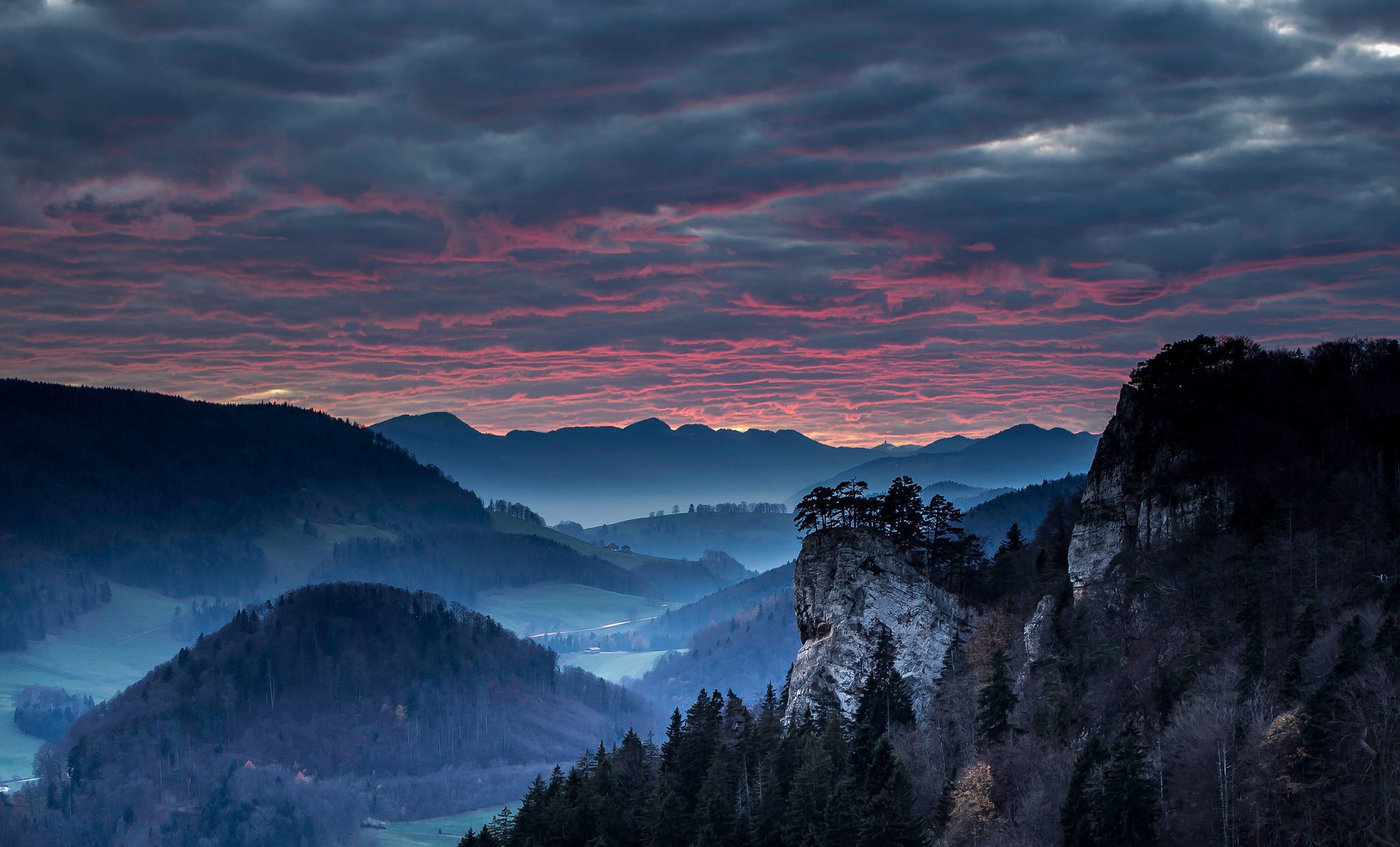 mountains sunset clouds the evening stones tree valley forest