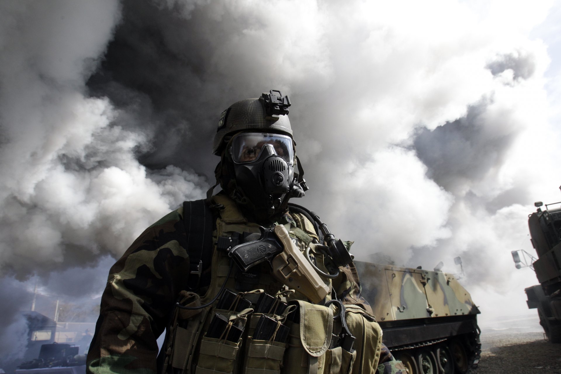 men smoke equipment sunglasses mask gun unloading