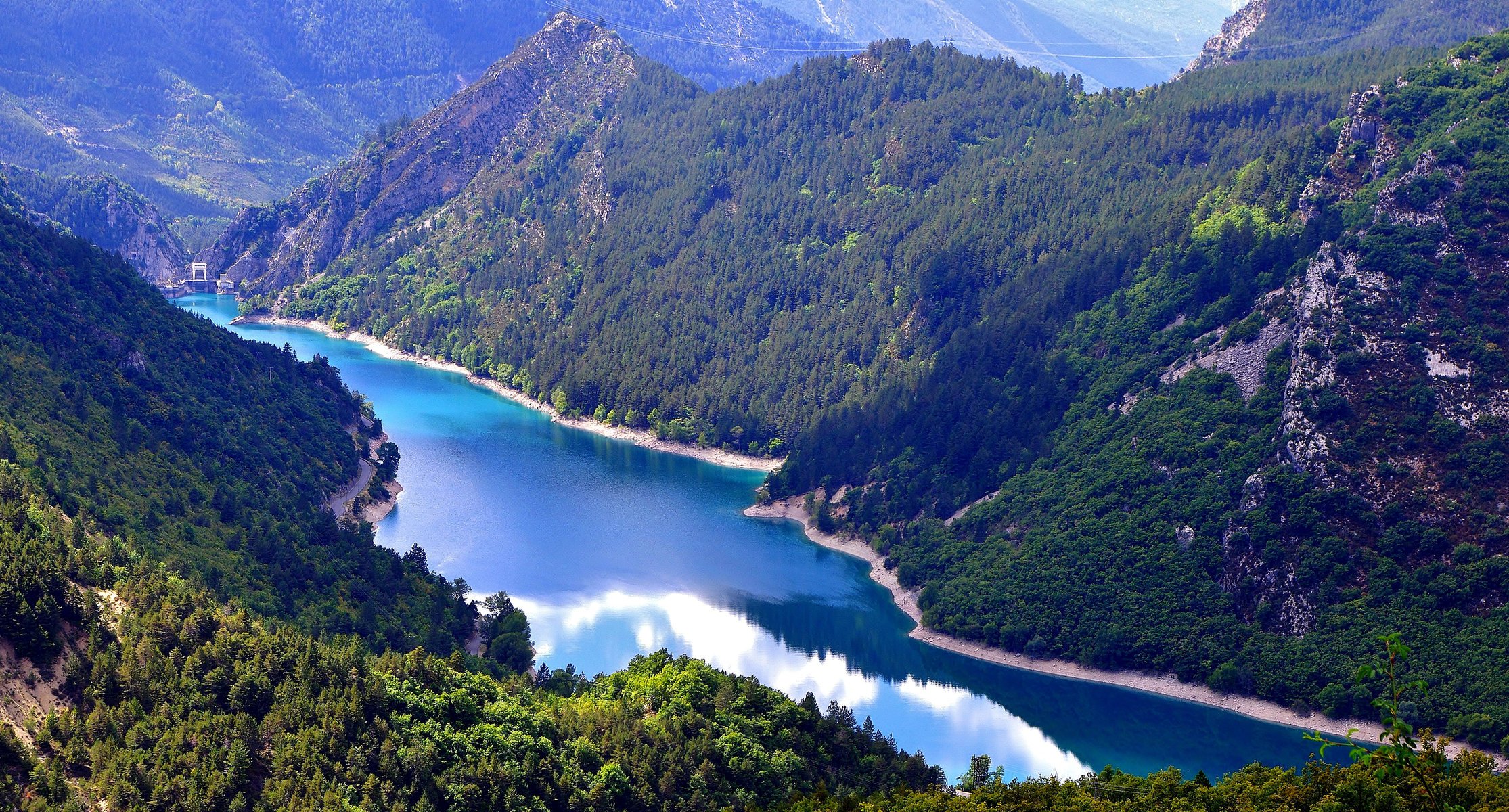 dam river mountains trees landscape