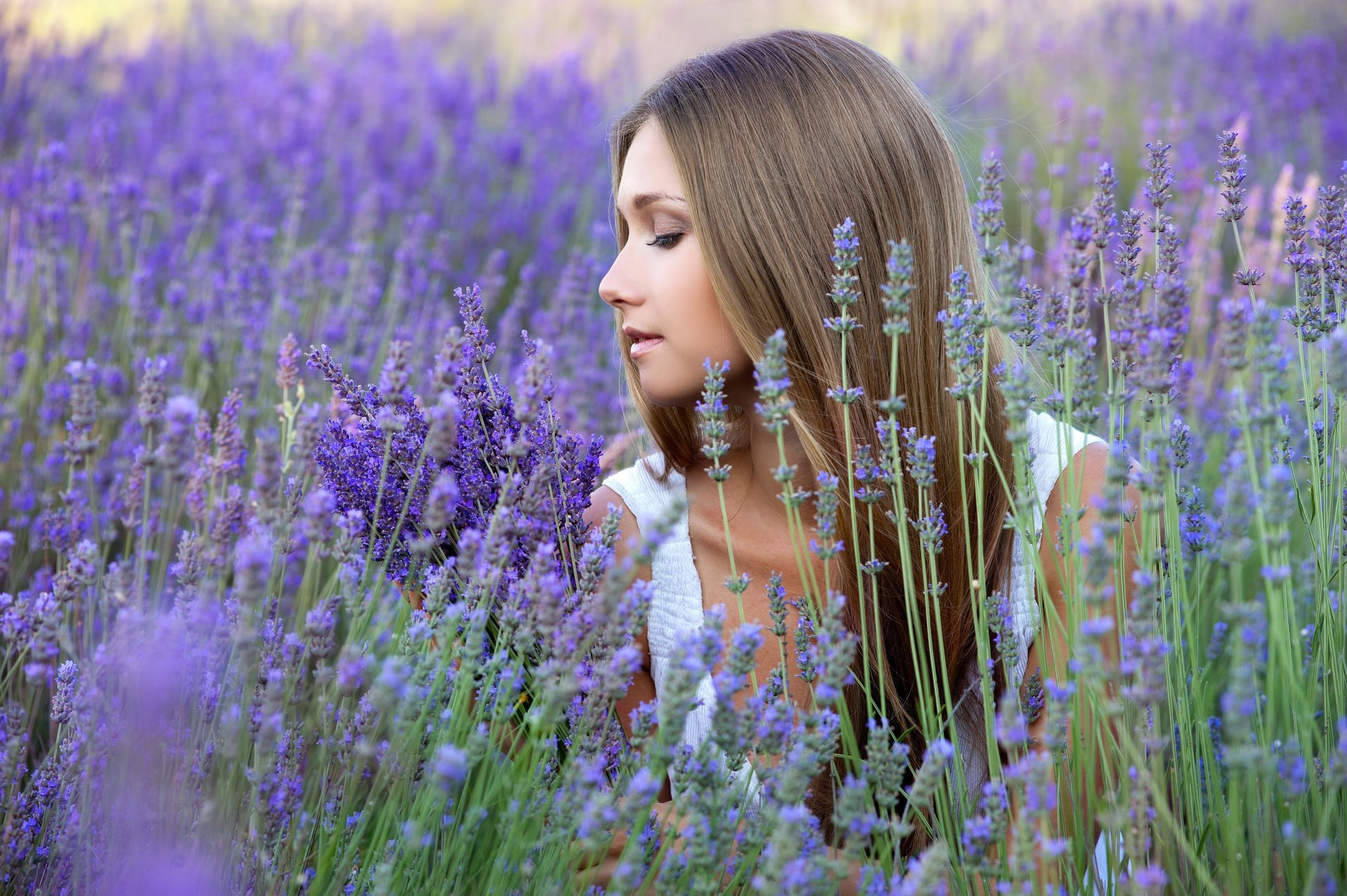 flowers lavender girl blonde profile field