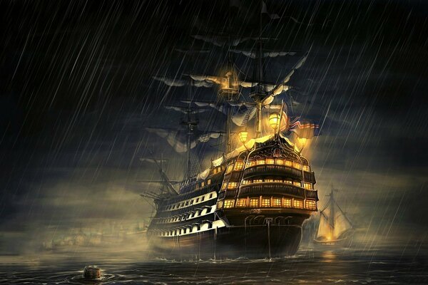 A big ship sails at night in the rain
