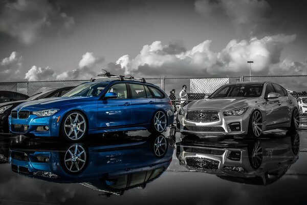 The blue car. Lush clouds