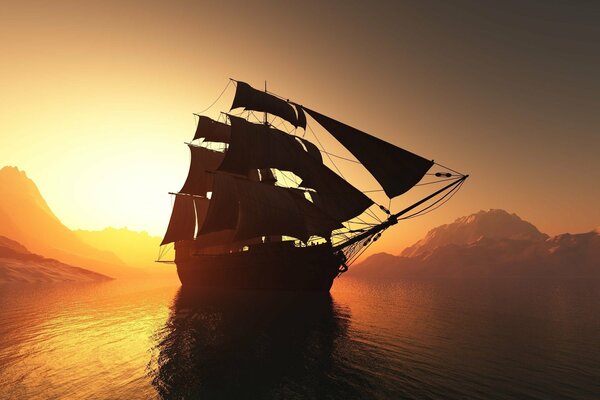 Grand voilier navigue au coucher du soleil