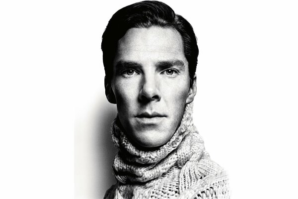 Black and white photo of Benedict Cumberbatch