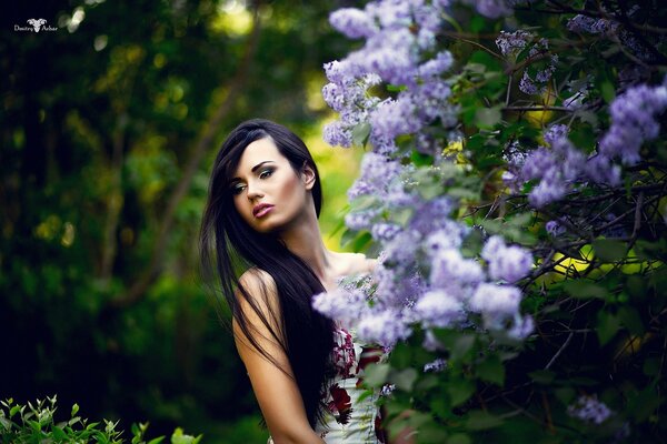 A girl with a model face poses in the spring forest