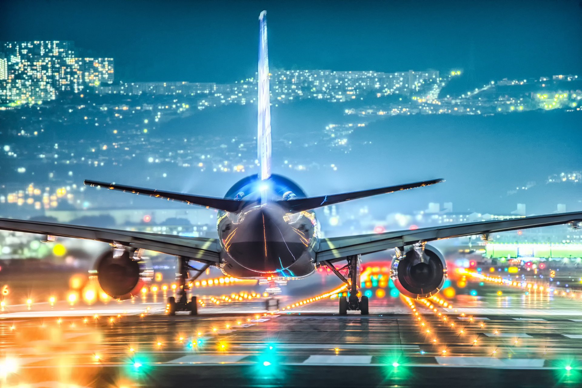 décollage ville de nuit aéroport avion atterrissage