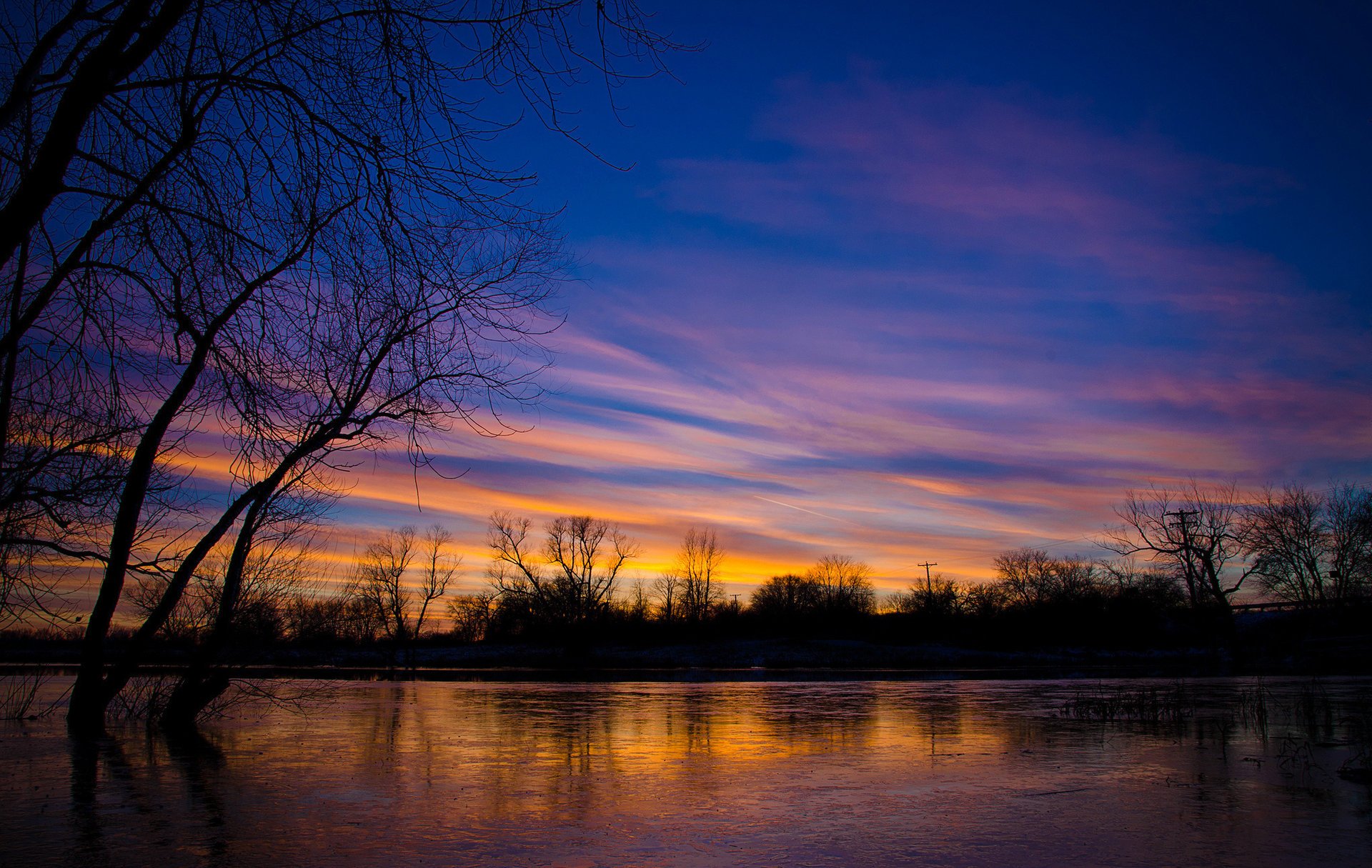 illinois soir arbres usa lac nuages coucher de soleil