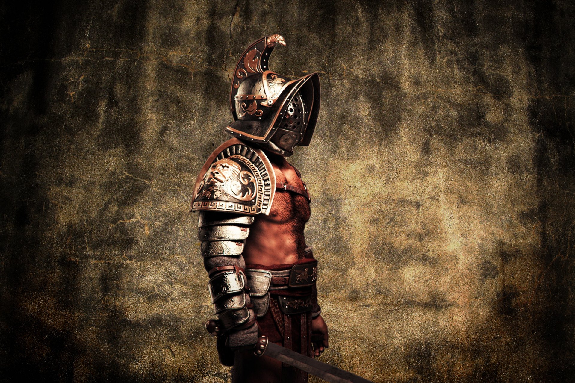 gladiatore guerriero gladius casco stile armatura carne metallo uomo