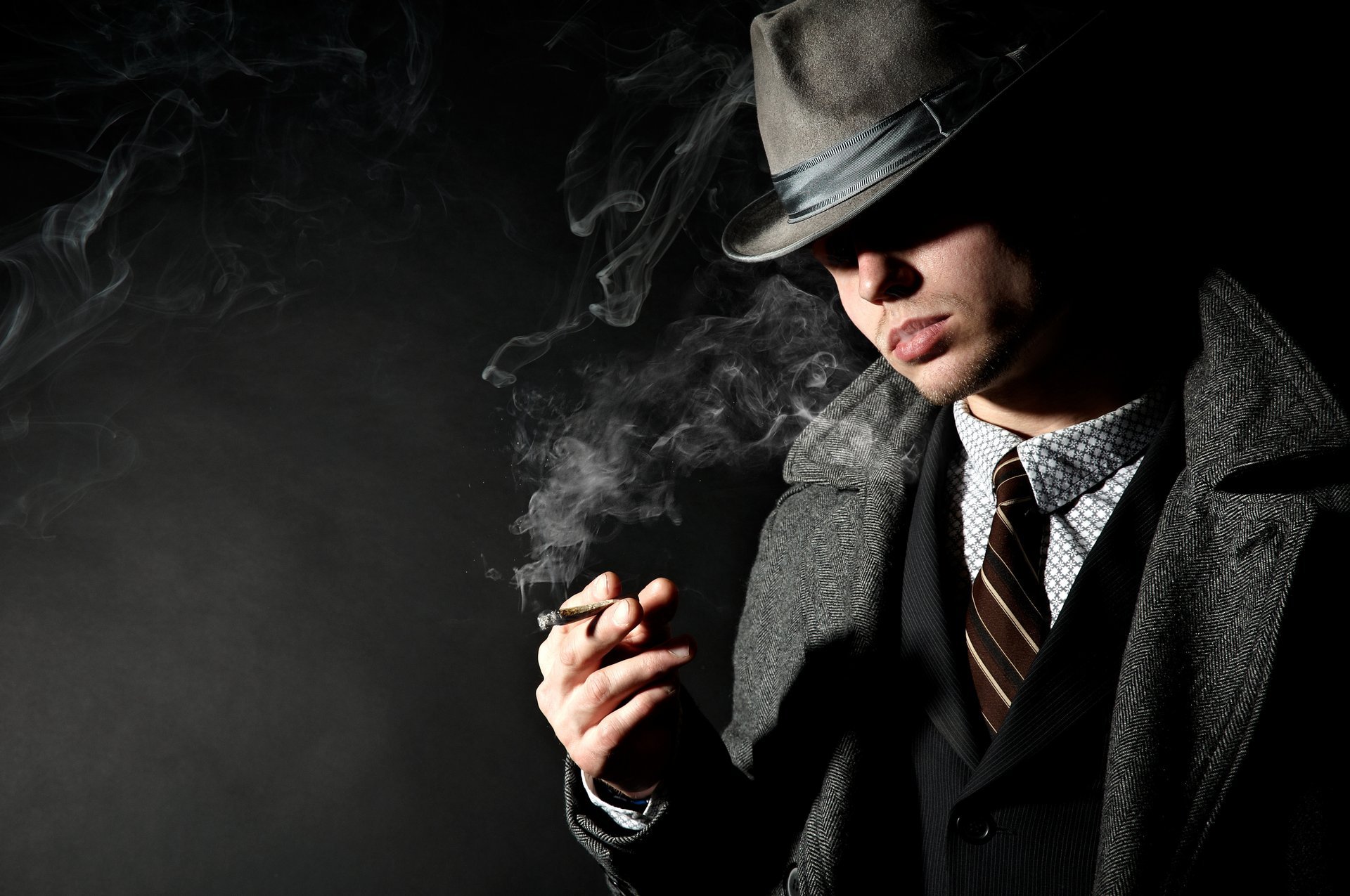 men hat cigarette smoke suit jacket coat shadow