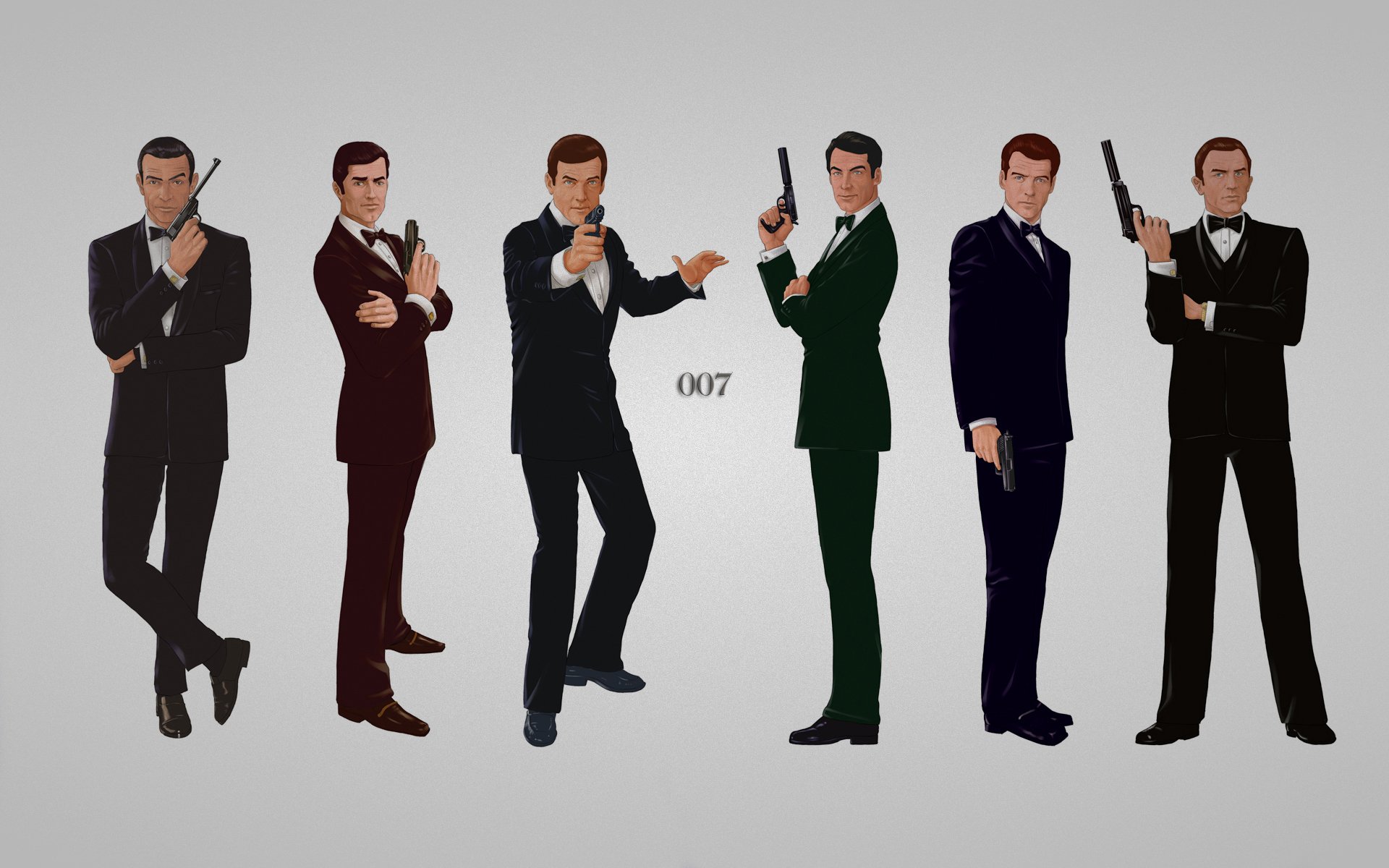 james bond pistolets costumes six personnes bondiana sean connery lazenby roger moore george timothy dalton pierce brosnan daniel craig fond gris inscription agent 007