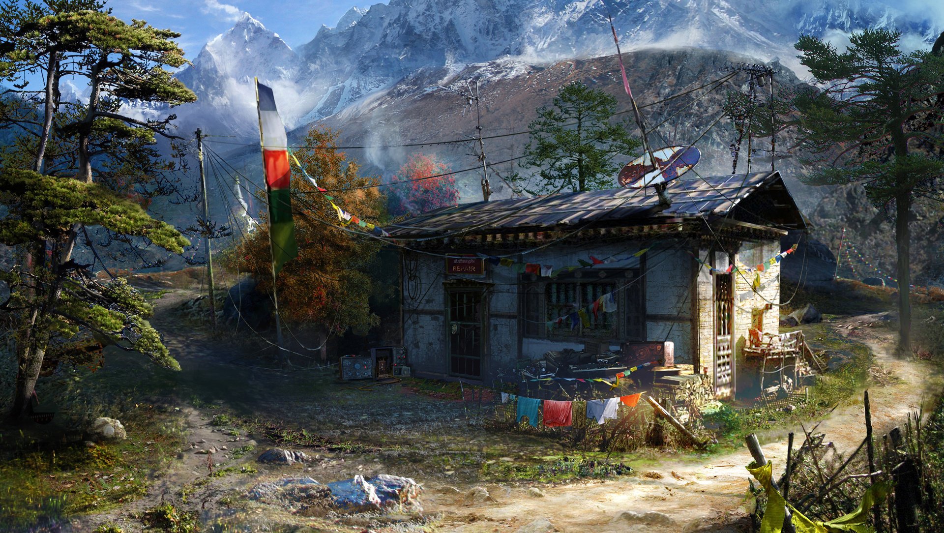 far cry 4 gra góry baza dom zieleń krajobraz flagi