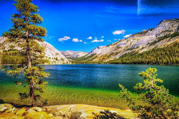 Clear lake to the foot of the mountains