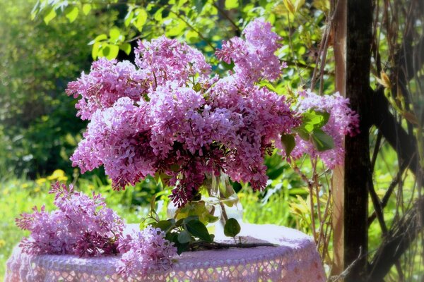 Ramo de Lilas de primavera en la mesa