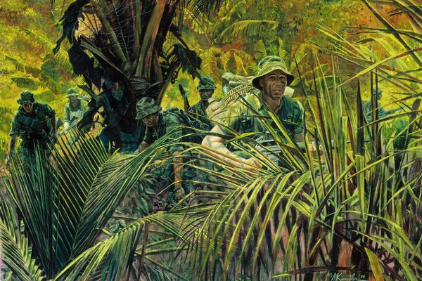 Drawing of soldiers in a colorful jungle