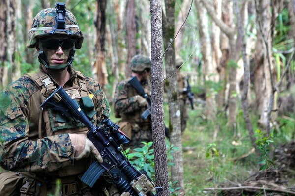 Soldados con armas en el bosque