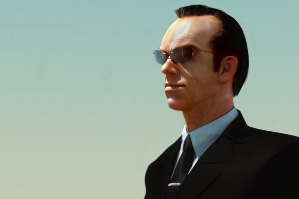 Agent Smith with glasses and a black suit