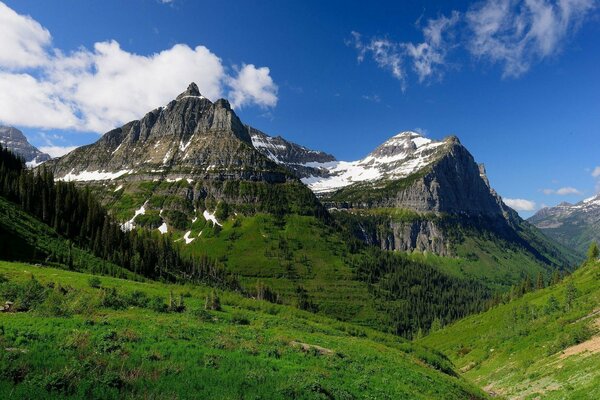 The Rocky Mountains are covered with snow even in summer