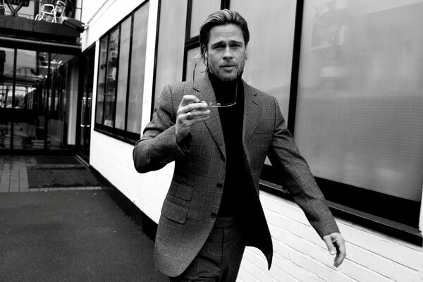 Black and white photo of Brad Pitt