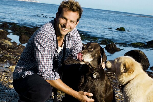 Due cani e Bradley Cooper sulla riva