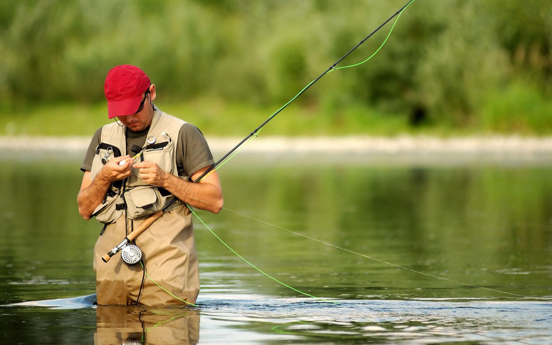 river a fisherman fishing rods fly fishing fishing leski suit equipment mood hobby hobbies red cap nature water