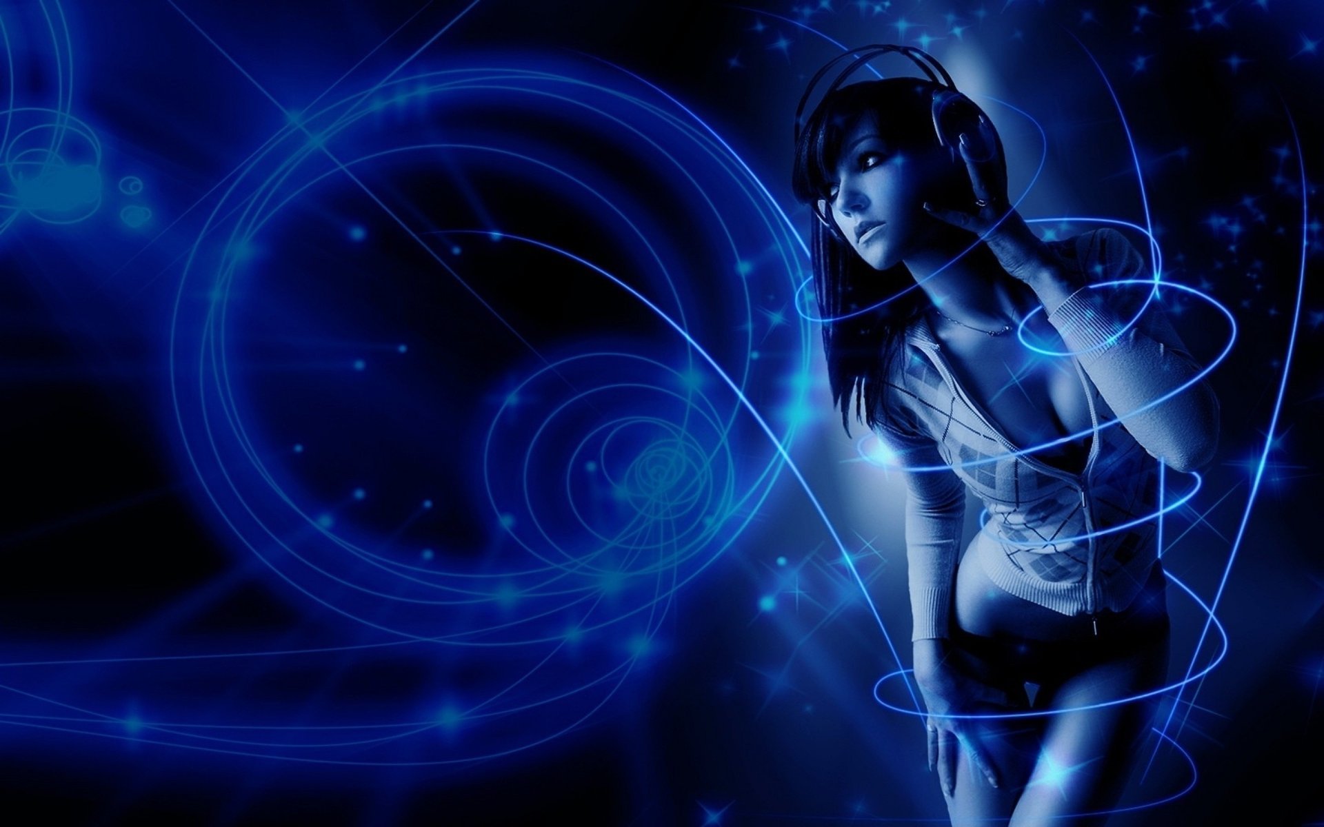 girl brunette music blue background