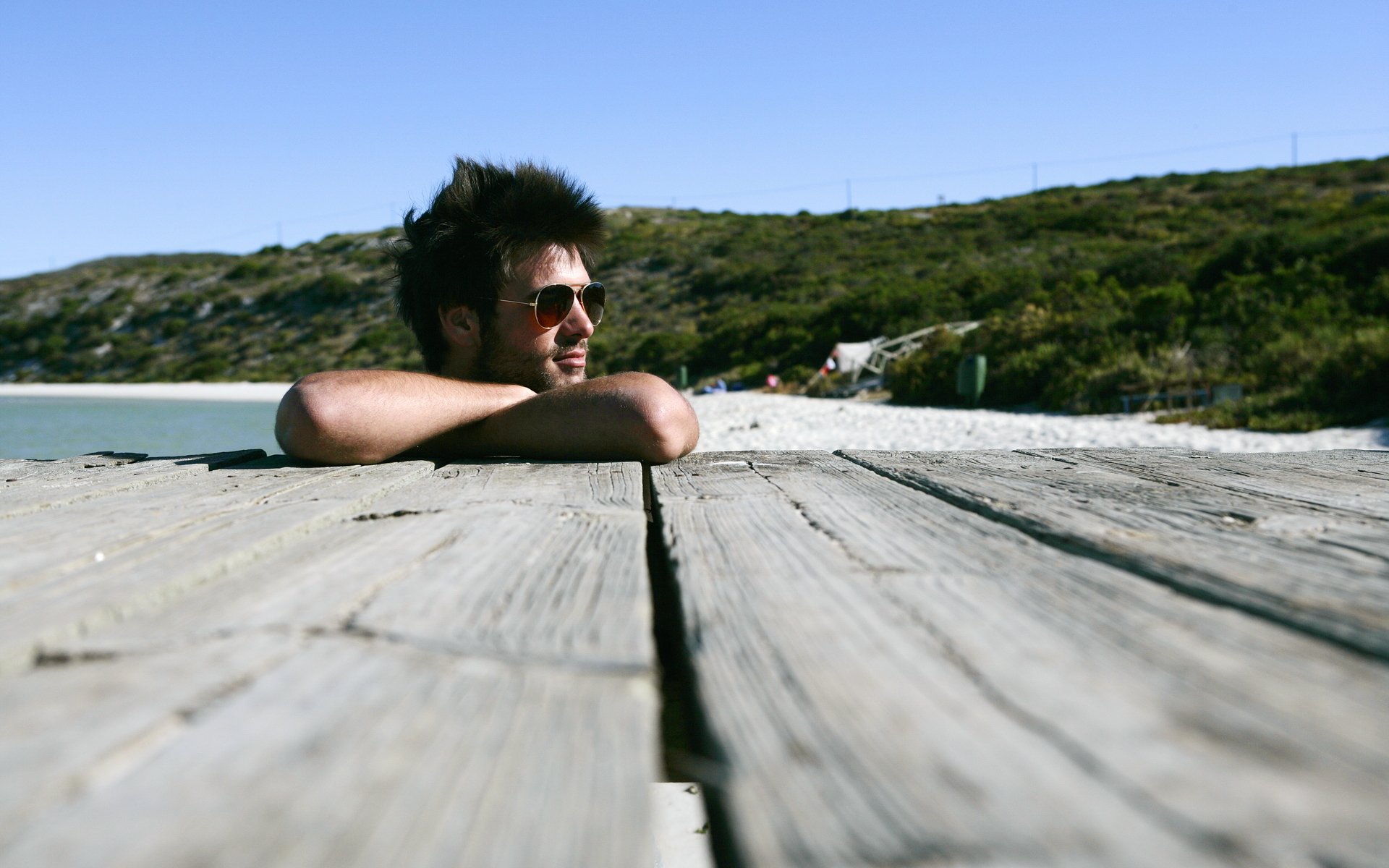 man guy vacation summer beach boards sunglasses glasses hair head of hair brunette