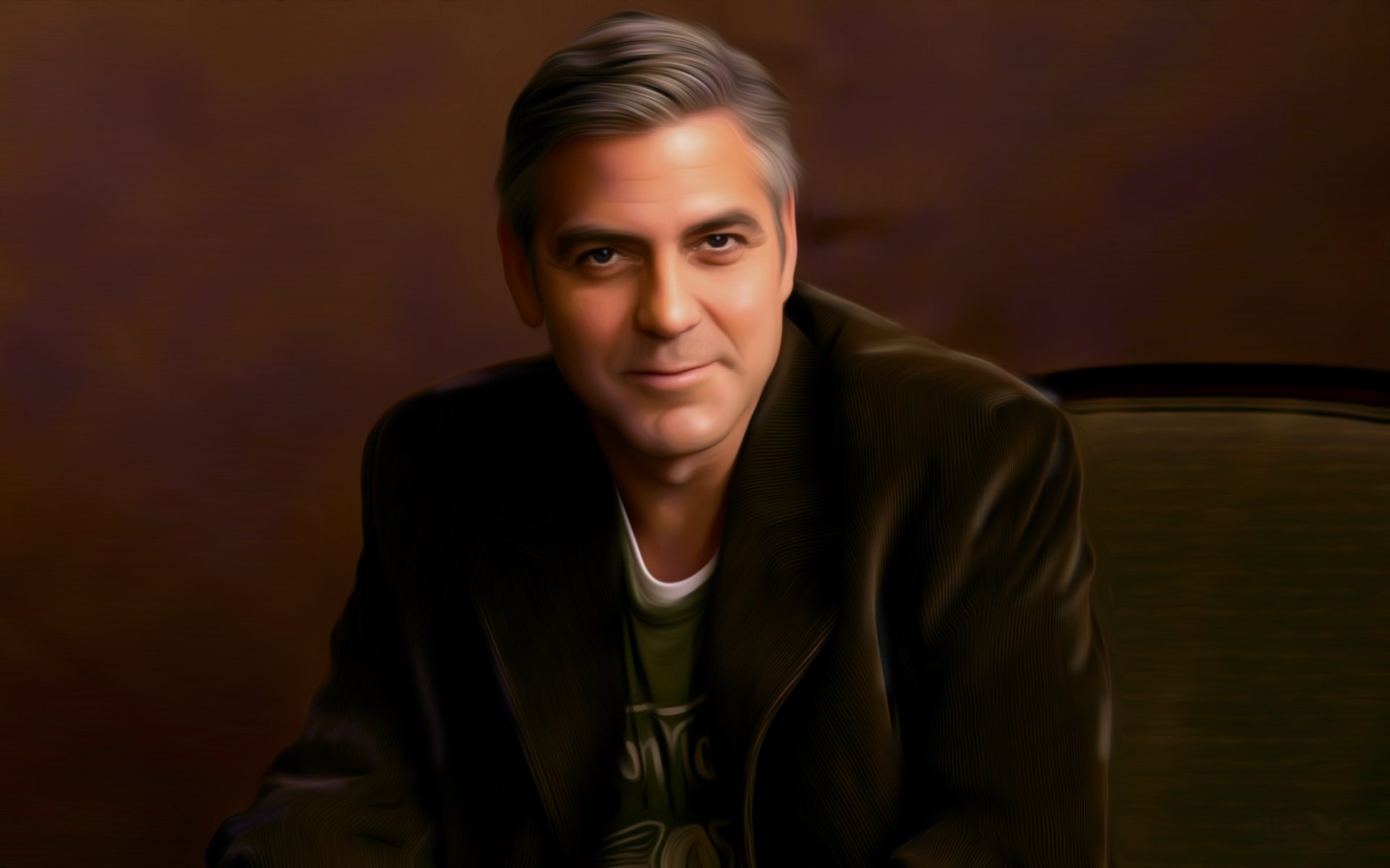 kunst george clooney entertainer mann sitzend stuhl jacke lächeln