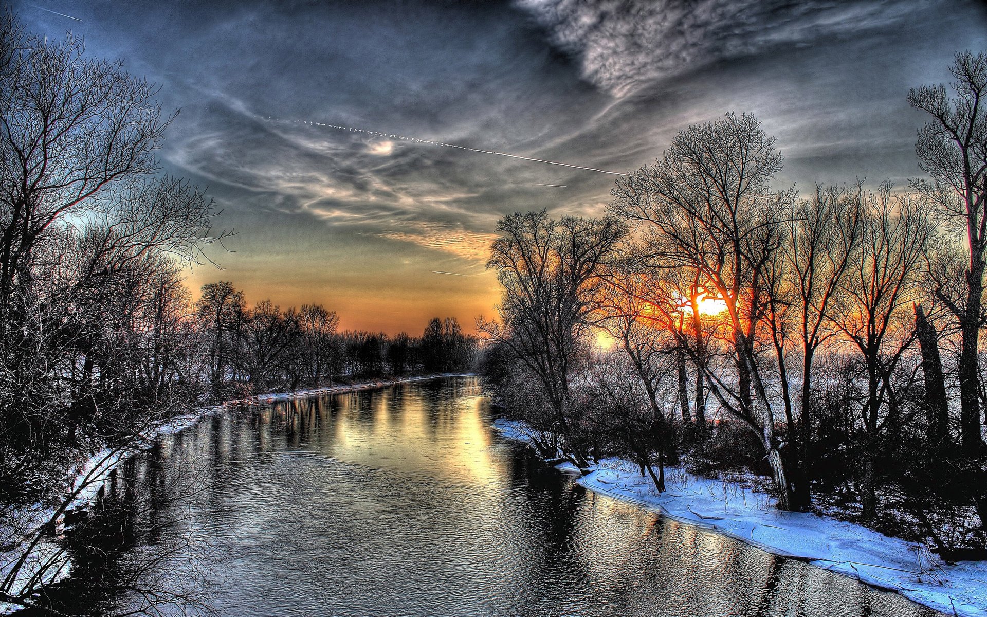 fluss bäume winter schnee sonnenuntergang