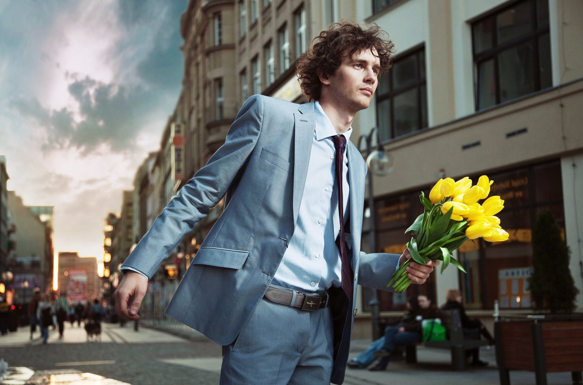 man men suit necktie curls flower yellow tulips street