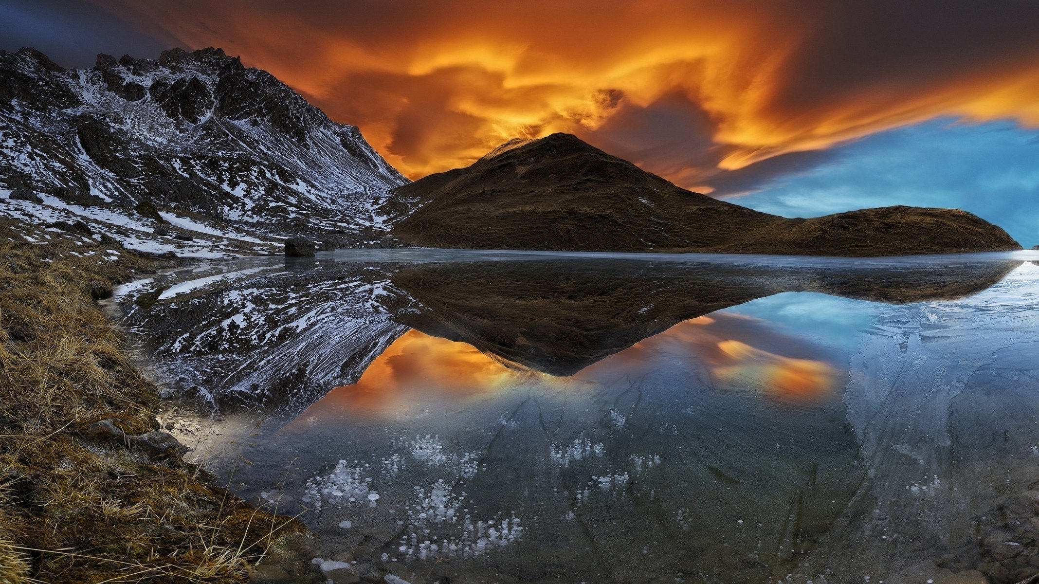 mountains lake cold sunset snow