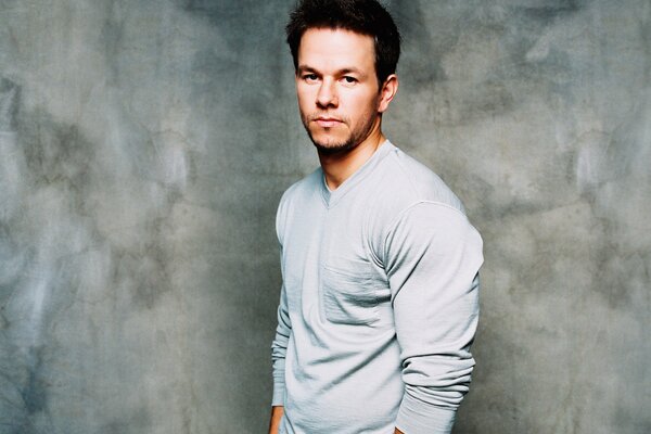 Serious Mark Wahlberg at a photo shoot