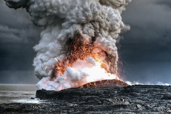 Volcanic eruption with a pile of lava