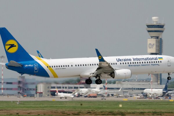 Самолёт Украины в аэропорту идёт на посадку