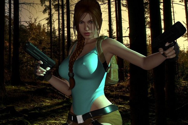 Lara Croft avec des pistolets dans les deux mains sur fond de forêt sombre