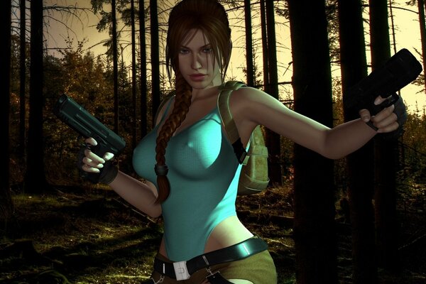 Lara Croft con le pistole in entrambe le mani su uno sfondo di foresta oscura