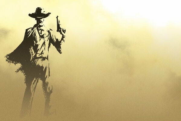 Silhouette eines Cowboys mit einem Revolver im Staub