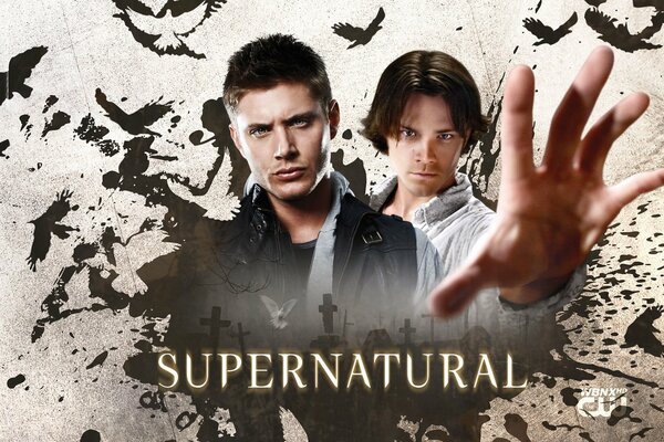 Dean und Sam auf einem schönen Hintergrund mit der Aufschrift Supernatural