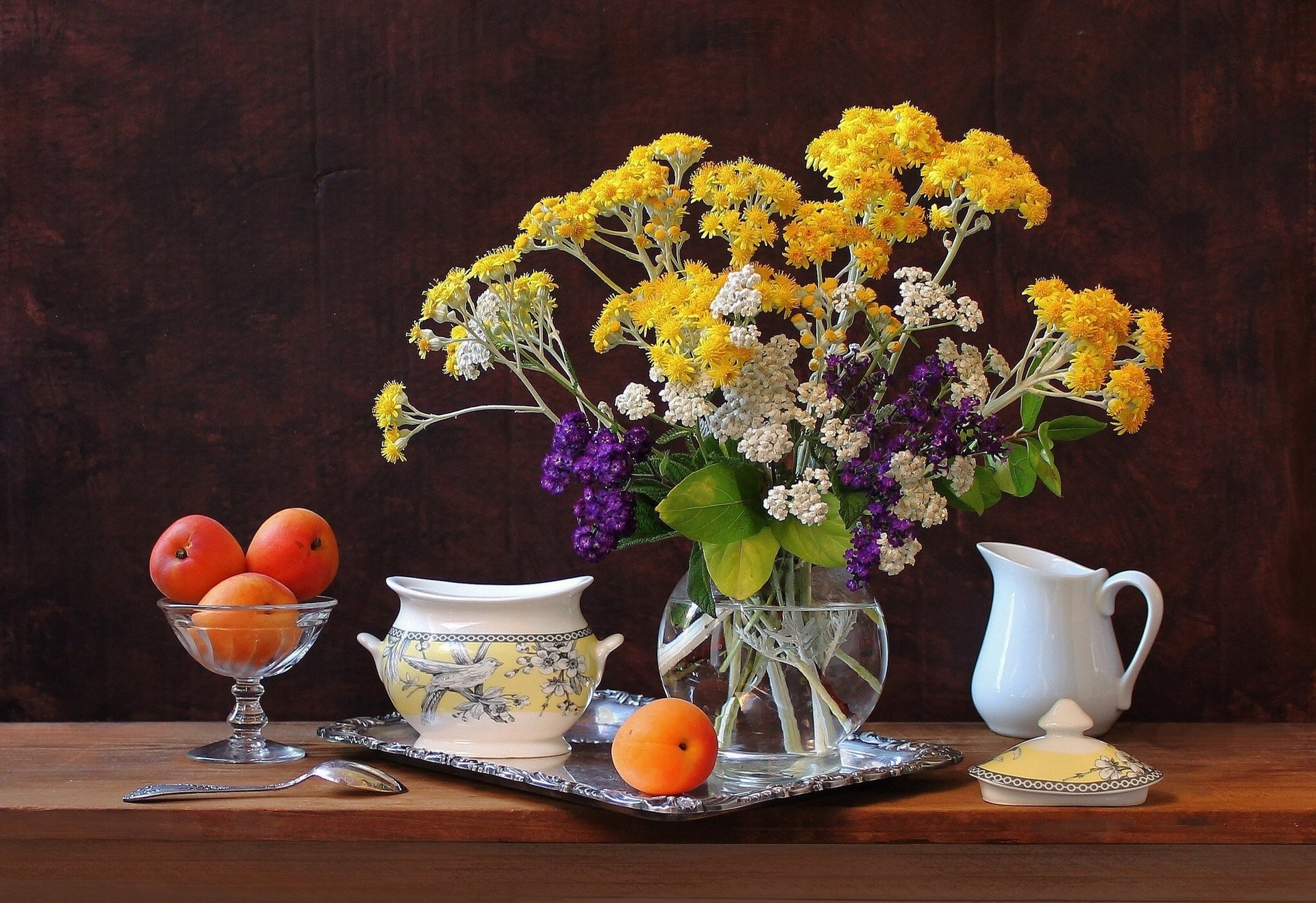 apricots flower still life tray sugar bowl