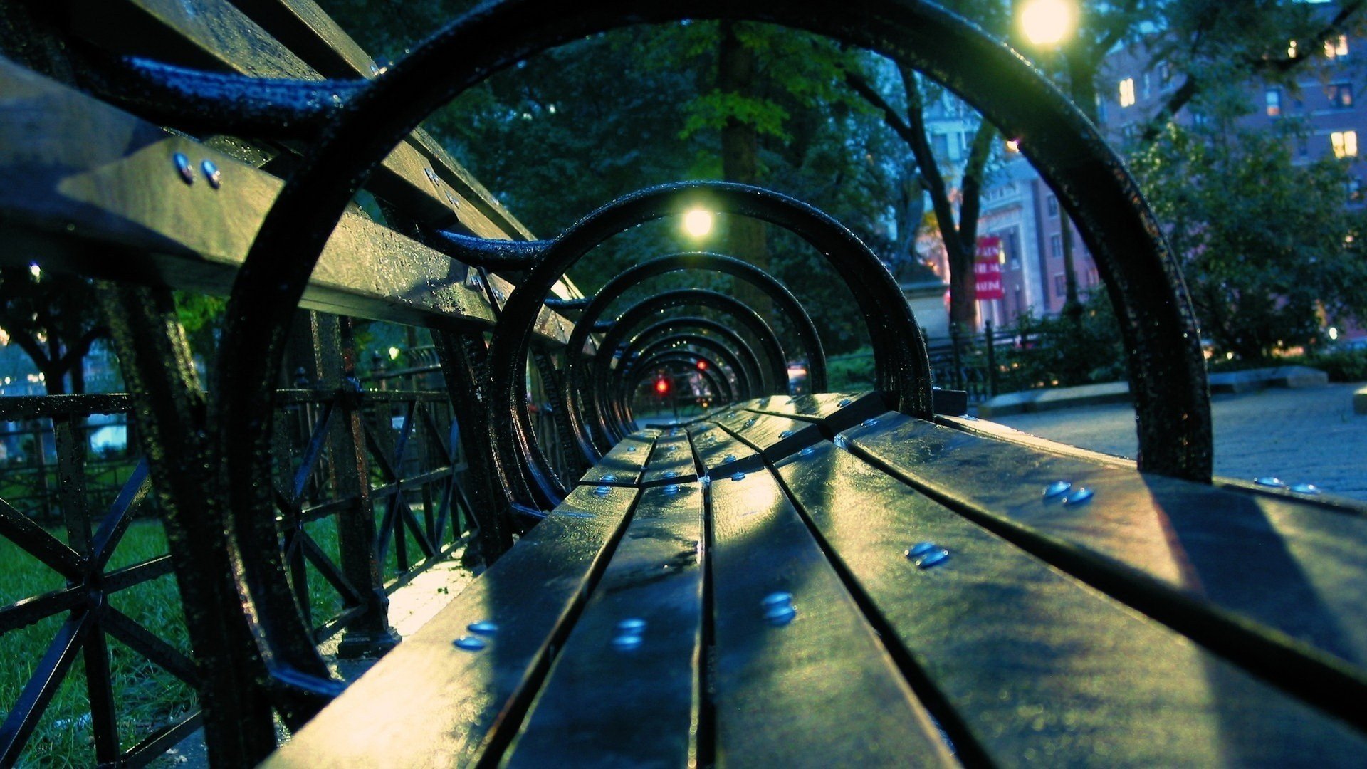 park benches the city after the rain