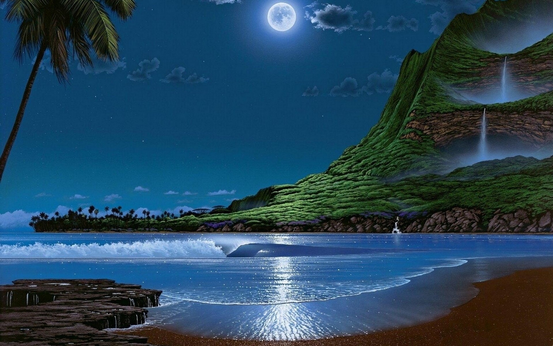 island palm trees sand mountain waterfall the sky clouds the moon