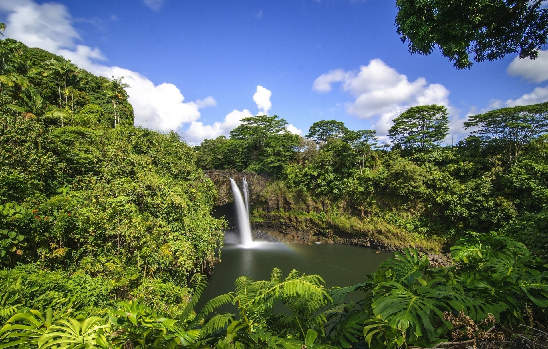 naturaleza cascada selva agua lago hermoso cielo nubes palmeras trópicos