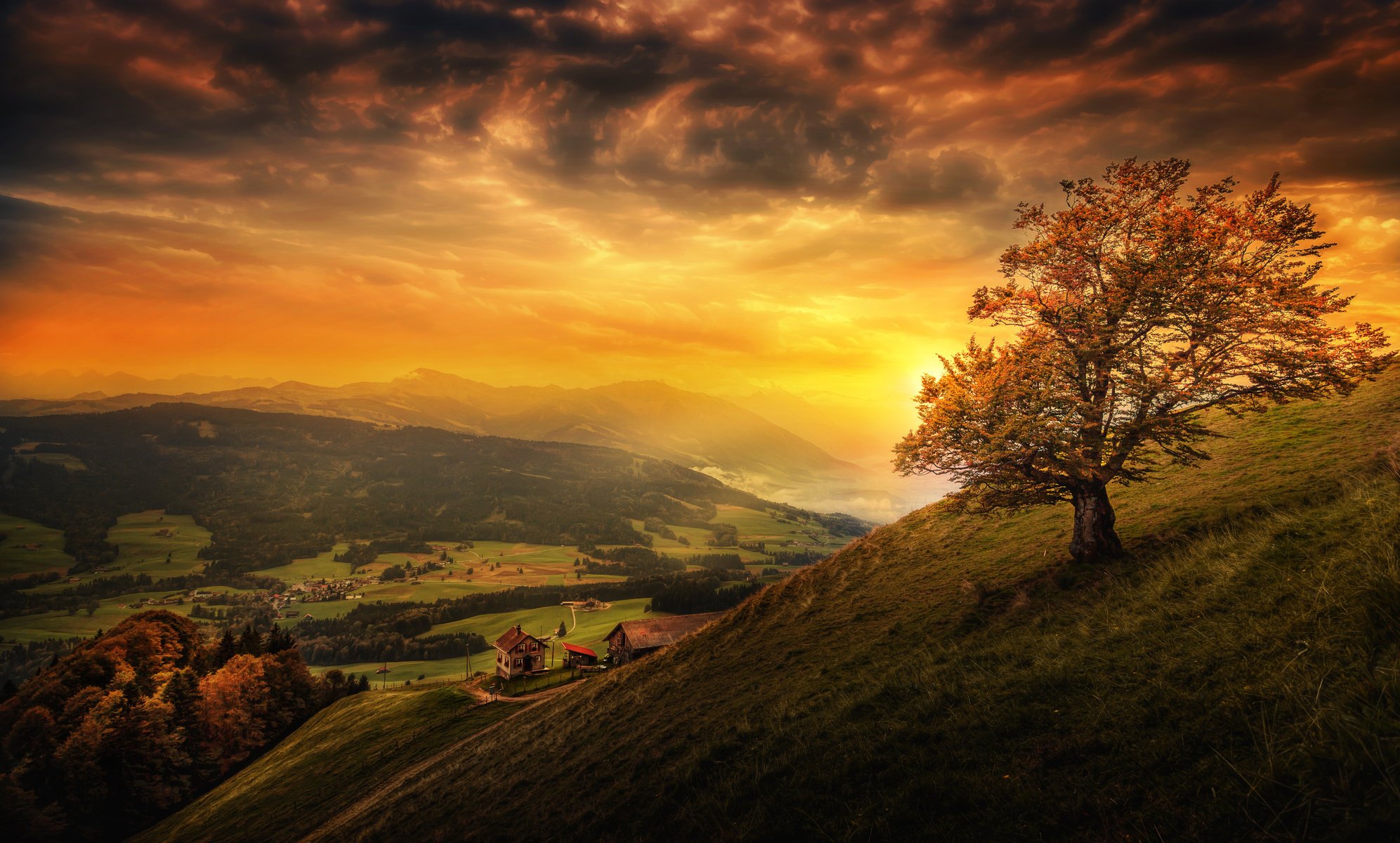 svizzera paesaggio tramonto montagne prati cielo alberi nuvole