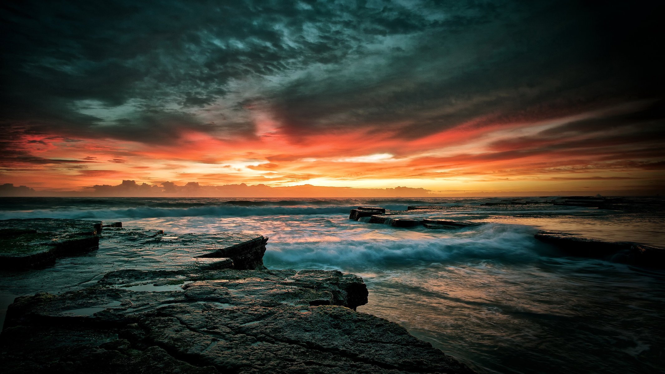 pierres ciel paysage coucher de soleil mer nature